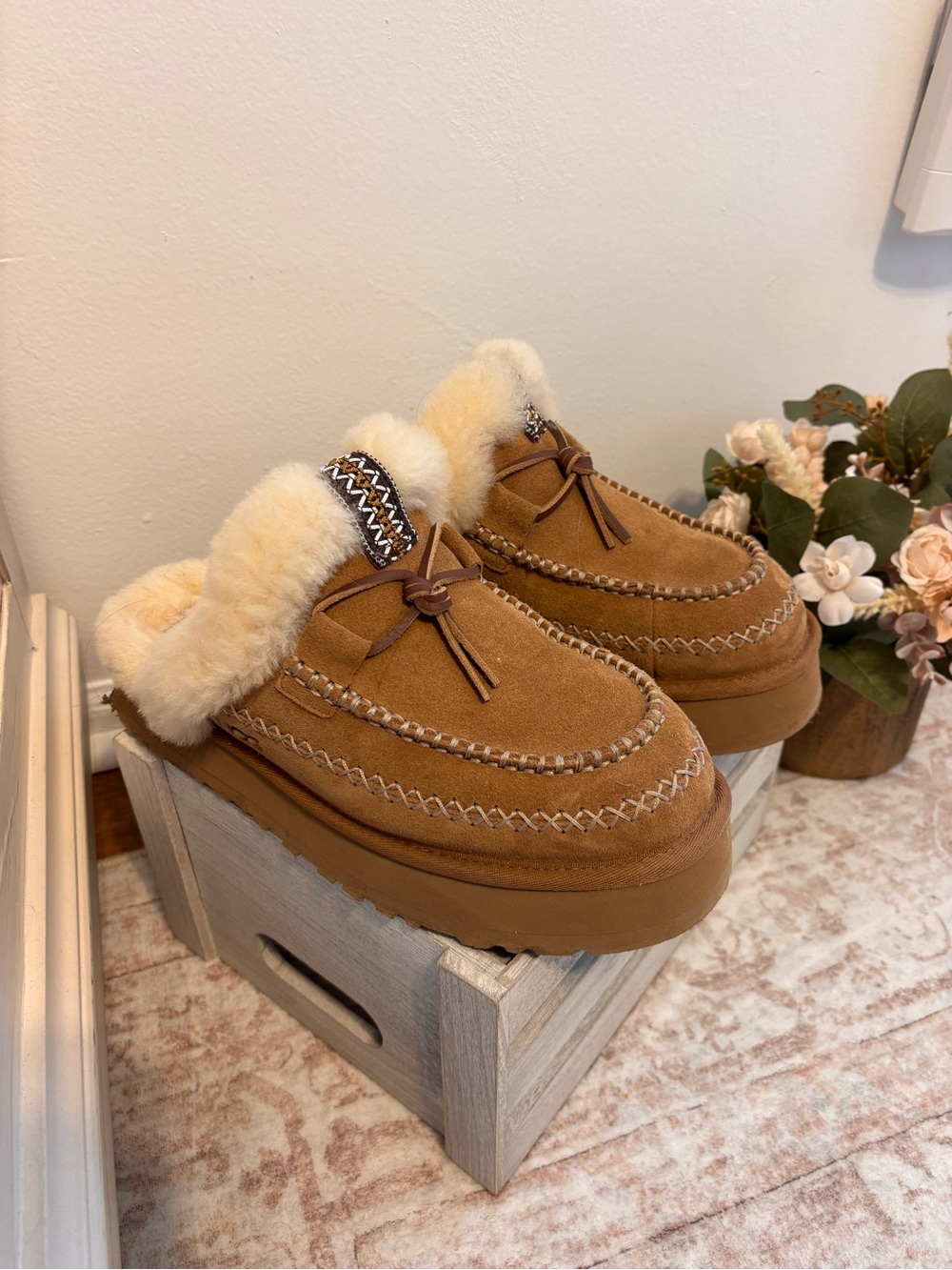 UGG Women’s Chestnut Suede Faux-Shearling Moccasin Slippers